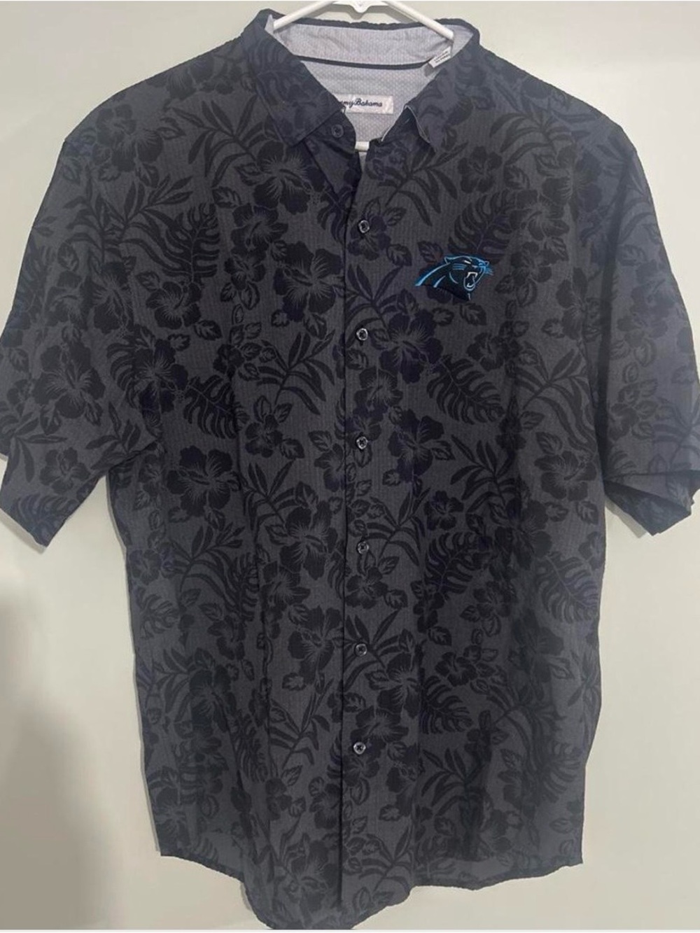 Tommy Bahama Black Tropical Floral Short-Sleeve Button-Down with Blue Team Patch